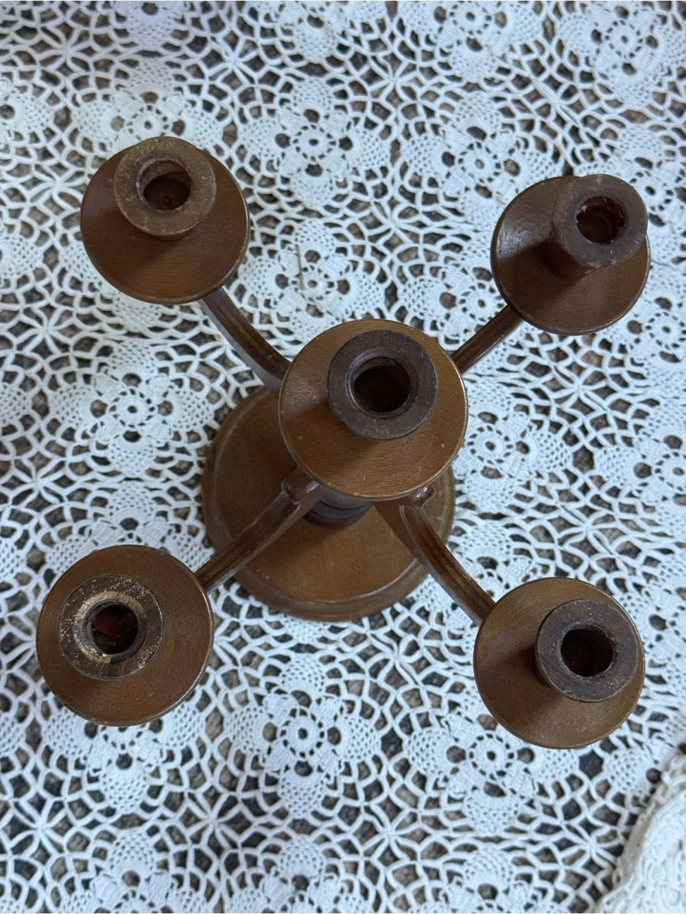 Vintage Wooden 5-Arm Candelabra Candle Holder Mid Century Colonial Decor